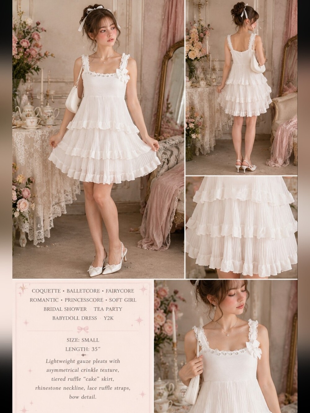 LM Lulu White‎ Tiered Ruffle Babydoll Dress Small Coquette Y2K Romantic